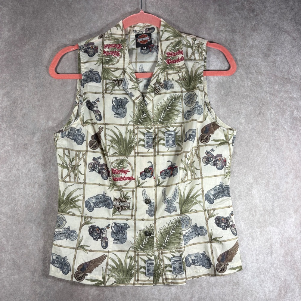 Harley Davidson Top Women Medium Cream Motorcycle Hawaiian Tori Richard Tropical